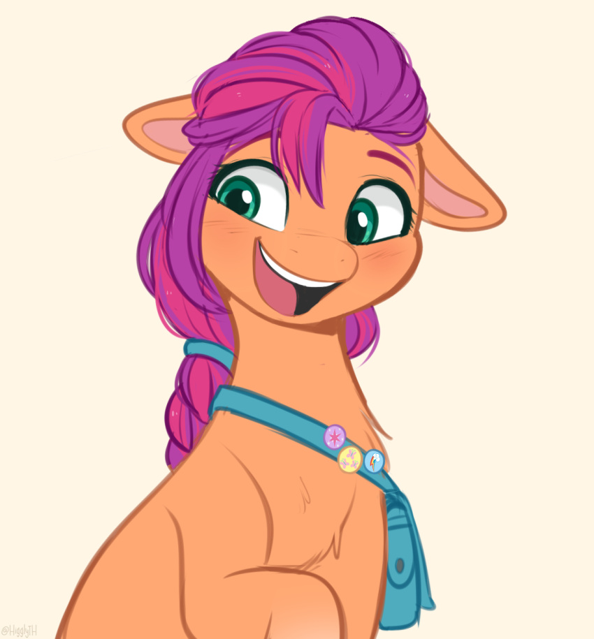 accessory badge bag blush earth_pony equid equine fur green_eyes hair hair_accessory hairband hasbro hi_res higglytownhero horse looking_away looking_down mammal mlp_g5 my_little_pony orange_body orange_fur pony ponytail port purple_hair solo sunny_starscout_(mlp)