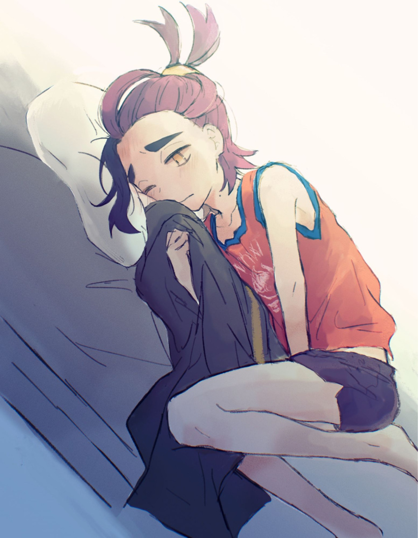 1boy barefoot between_legs black_hair black_jacket black_shorts blush closed_mouth hand_between_legs highres holding holding_clothes holding_jacket jacket kieran_(pokemon) knoerakgk31 lying male_focus mole mole_on_neck on_side orange_eyes pillow pokemon pokemon_sv purple_hair red_tank_top short_shorts shorts simple_background solo tank_top