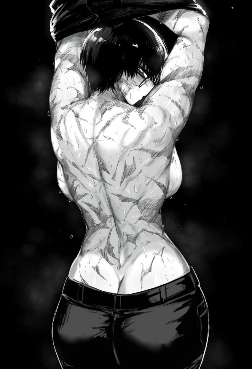 absurdres back black_background burn_scar glasses greyscale highres jujutsu_kaisen looking_back monochrome muscular muscular_female pants round_eyewear scar scar_on_arm scar_on_back scar_on_face simple_background sweat too_many too_many_scars topless undressing zen'in_maki zovokia