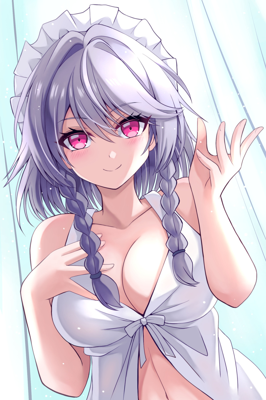 1girl bare_arms blush braid breasts closed_mouth collarbone commentary_request curtains dress eyelashes eyes_visible_through_hair grey_hair hair_between_eyes hair_intakes hand_on_own_chest hands_up happy happy_ginko highres indoors izayoi_sakuya large_breasts light_particles long_hair looking_at_viewer maid maid_headdress midriff pink_eyes sidelighting sleeveless sleeveless_dress smile solo split_mouth sundress touhou tsurime twin_braids upper_body white_dress