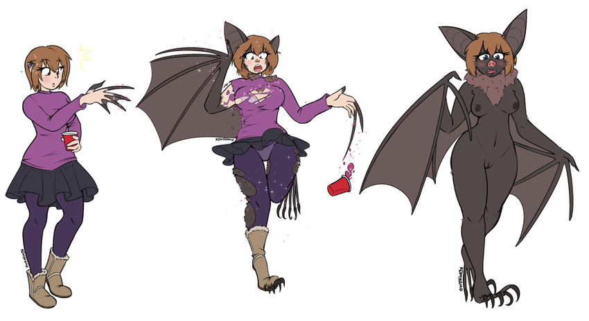 2017 alpha_channel anthro bat beverage boots breasts brown_hair clothing female footwear furdynamo hair human mammal nipples nude open_mouth pussy sequence shirt skirt solo standing surprise torn_clothing transformation wings