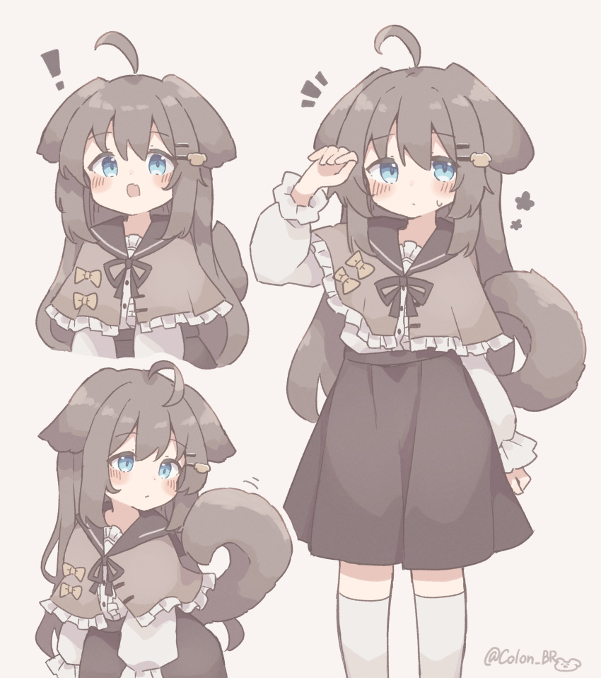 1girl absurdres animal_ears biachan blue_eyes brown_capelet brown_hair brown_skirt brown_tail capelet colon_br dog_ears dog_girl dog_tail highres multiple_views original simple_background skirt tail
