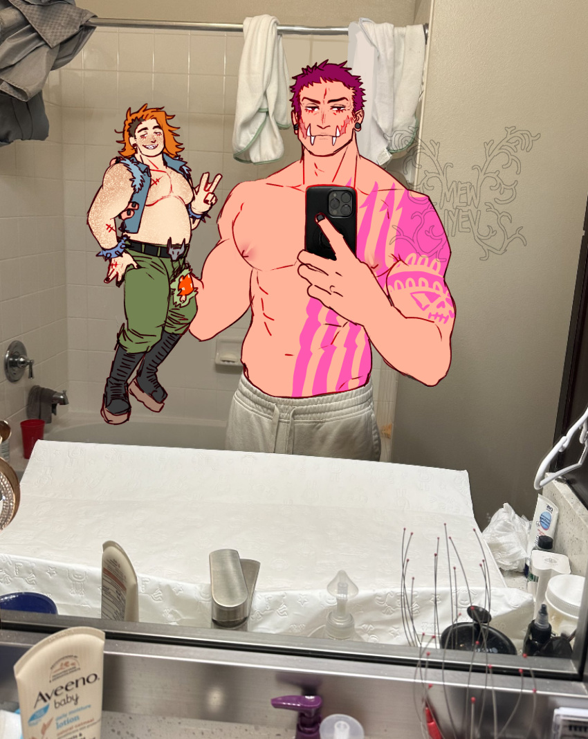 2boys abs arm_tattoo bara charlotte_katakuri chest_tattoo cowboy_shot expressionless grin highres holding_baby how_to_hold_my_baby_redraw_(meme) large_pectorals looking_at_viewer male_focus maren_(mewtides) meme mewiyev multiple_boys muscular muscular_male navel nipples one_piece pectorals pink_hair scarf scarf_over_mouth short_hair smile standing stitches stomach_tattoo tattoo topless_male tusks v