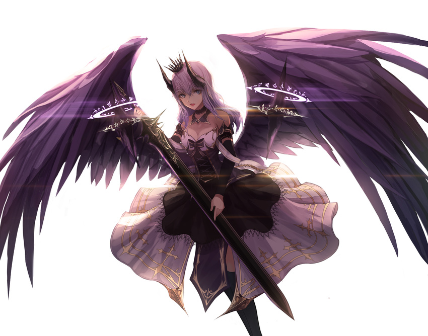 absurdres black_dress black_legwear blue_eyes breasts cleavage crown demon_horns detached_sleeves dress highres horns lens_flare looking_at_viewer magic medium_breasts original purple_hair purple_wings see_n solo sword weapon wings