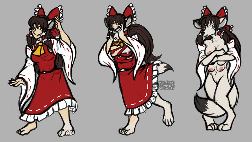2017 anthro bow bow_tie breasts canine claws clothed clothing comic confusion digital_media_(artwork) digitigrade dress female fox fur hair hi_res human invalid_tag long_hair long_tail looking_at_viewer mammal multi_breast muzzle_(disambiguation) naughtygryph nipples nude open_mouth pussy reimu scared sequence simple_background solo standing surprise toe_claws toes torn_clothing touhou transformation white_fur