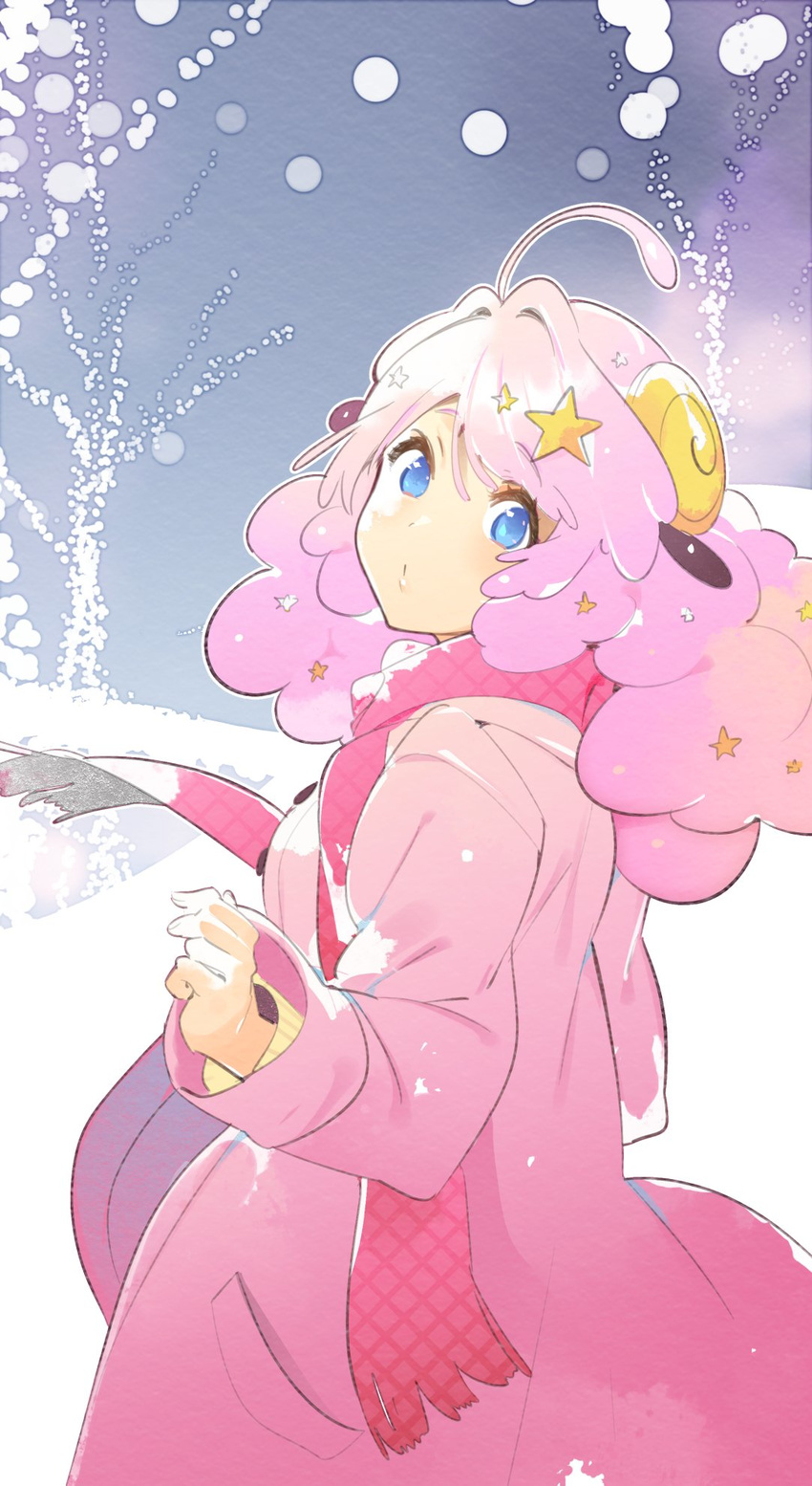 animal_ears blue_eyes blush commentary_request curled_horns curly_hair eyebrows_visible_through_hair from_behind hair_ornament highres horns jacket koyoi_mitsuki long_hair long_sleeves looking_at_viewer looking_back moa_(show_by_rock!!) pink_hair pink_jacket pink_scarf scarf sheep_ears sheep_horns show_by_rock!! snow solo standing