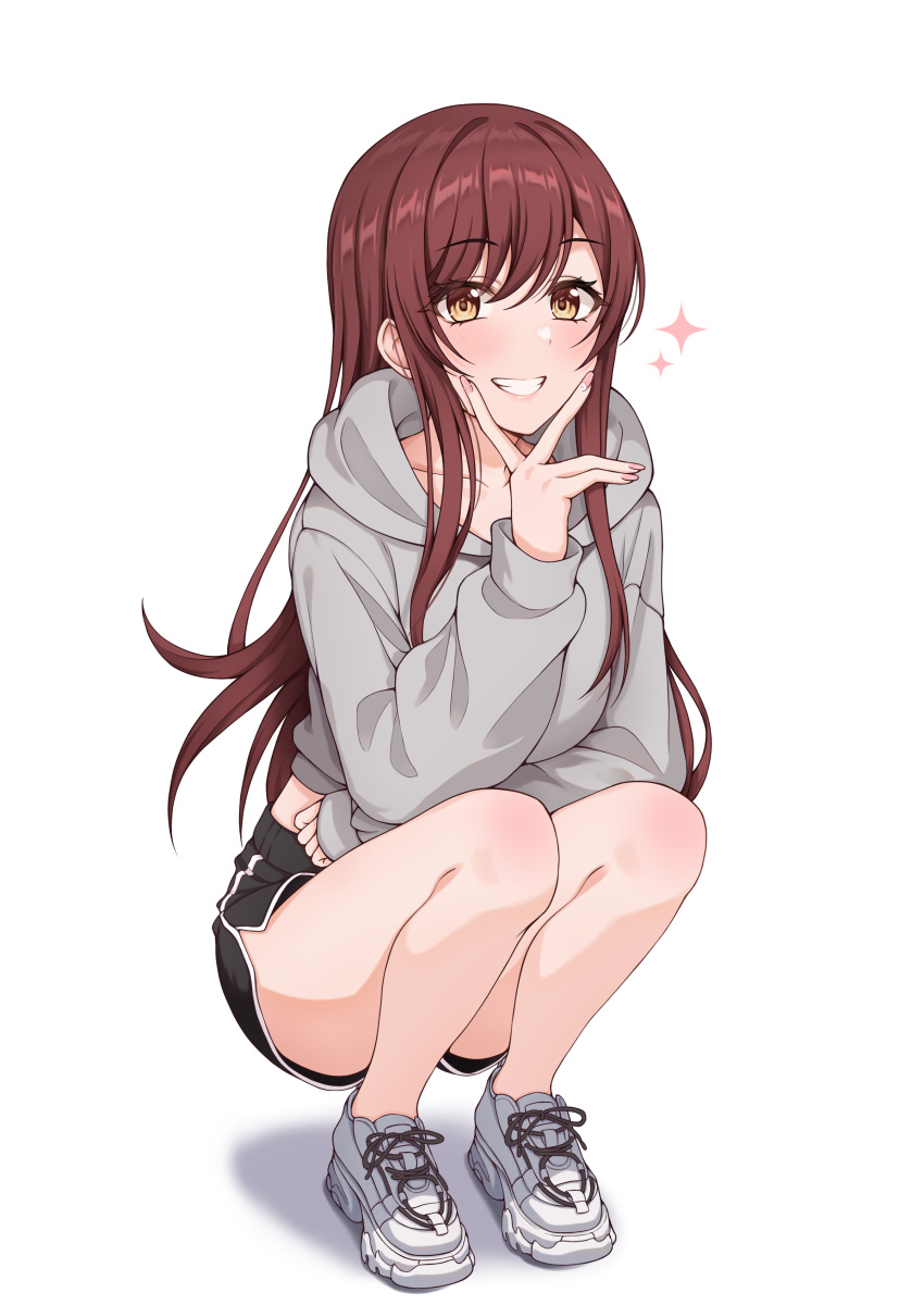 1girl absurdres bare_legs black_shorts blush dolphin_shorts grey_hoodie grin highres hood hood_down hoodie idolmaster idolmaster_shiny_colors long_hair long_sleeves looking_at_viewer open_mouth osaki_amana red_hair shoes shorts simple_background smile sneakers solo sorugi_park squatting swept_bangs teeth v white_background yellow_eyes