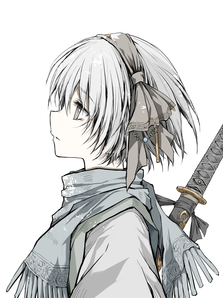 1girl absurdres black_hairband closed_mouth from_side grey_eyes grey_hair hairband highres konpaku_youmu scarf shimoda_masaya short_hair simple_background solo sword sword_behind_back touhou upper_body weapon white_background