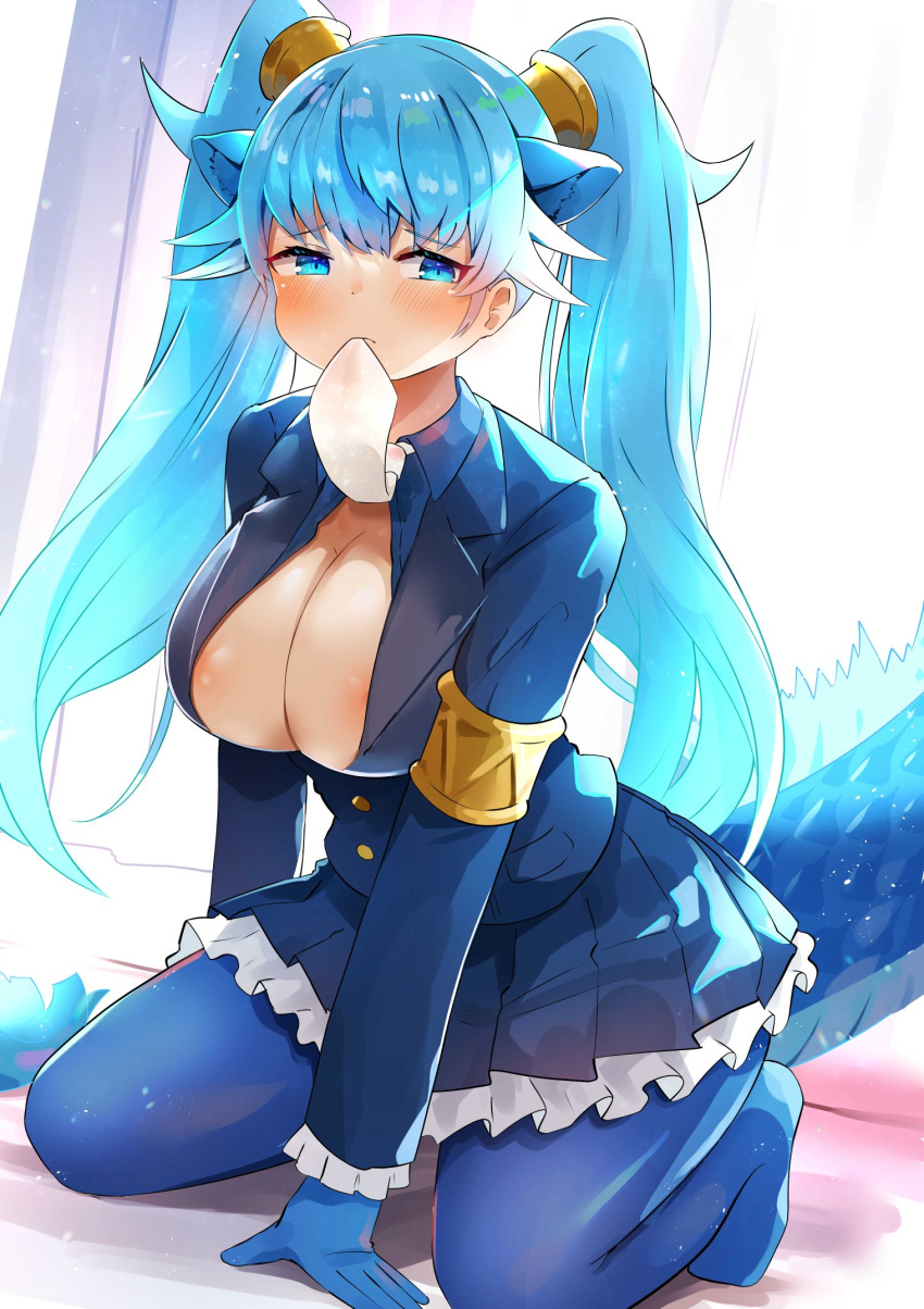 1girl animal_ears areola_slip blue_eyes blue_hair blush breasts cleavage dragon_girl dragon_tail extra_ears gloves hair_between_eyes hawawam31677 highres jacket kemono_friends kemono_friends_3 kneeling large_breasts long_hair long_sleeves looking_at_viewer mouth_hold multicolored_hair necktie necktie_in_mouth no_bra open_clothes open_mouth open_shirt pantyhose seiryuu_(kemono_friends) shirt skirt solo tail twintails unbuttoned