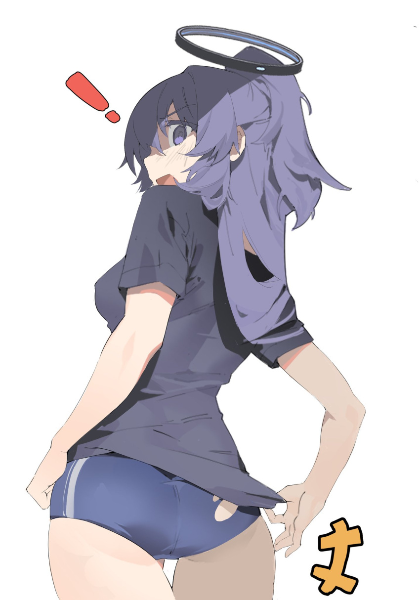 ! +++ 1girl ass b_zhan_cm_yang black_shirt blue_archive blue_buruma blush breasts buruma cowboy_shot halo highres long_hair looking_at_viewer looking_back mechanical_halo medium_breasts official_alternate_costume official_alternate_hairstyle open_mouth ponytail purple_eyes purple_hair shirt short_sleeves simple_background solo torn_buruma torn_clothes white_background yuuka_(blue_archive) yuuka_(track)_(blue_archive)