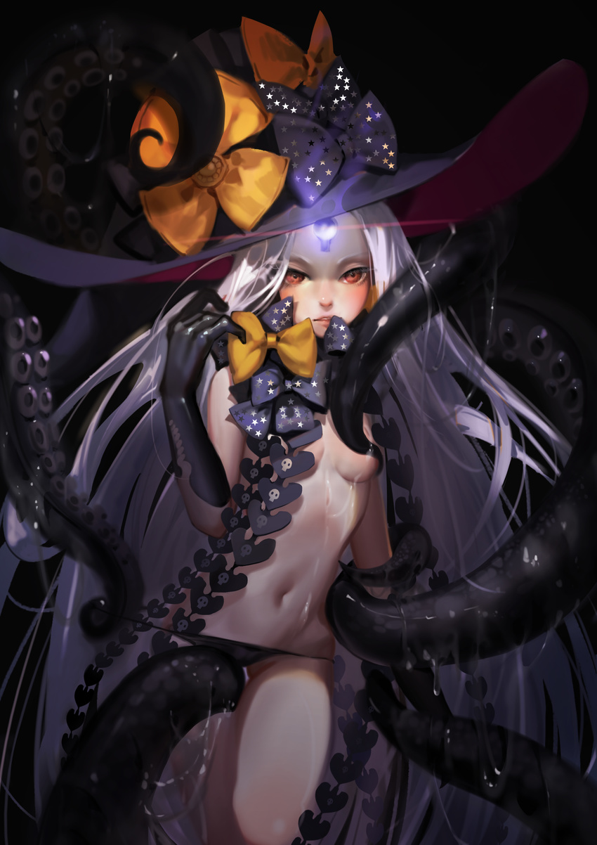 abigail_williams_(fate/grand_order) absurdres black_bow black_panties blush bow breasts fate/grand_order fate_(series) grey_hair hat highres keyhole kirbyheimi long_hair looking_at_viewer navel orange_bow pale_skin panties panty_lift red_eyes small_breasts solo star star_print suction_cups tentacles underwear very_long_hair witch_hat