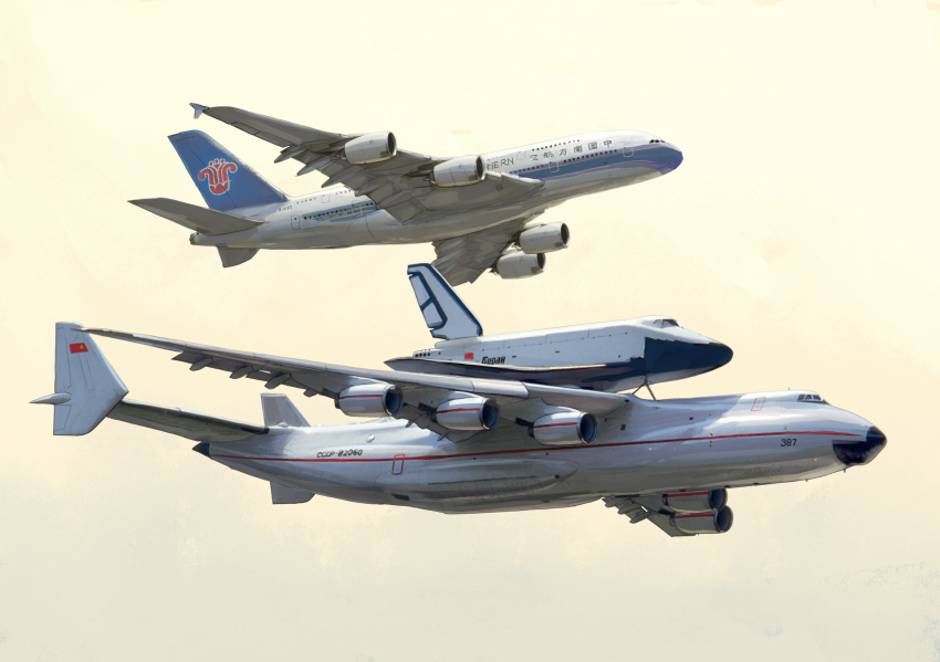 airbus_a380 aircraft antonov_an-225 buran_(spacecraft) cargo_aircraft china_southern_airlines chinese_text hammer_and_sickle highres mirroraptor no_humans red_flag soviet_flag vehicle_focus