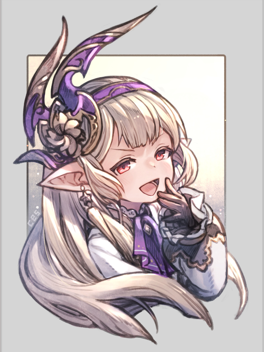 1girl ascot black_gloves brown_hair ce5 collar dress earrings flower gloves granblue_fantasy granblue_fantasy:_relink grey_background hair_flower hair_ornament hairband harvin highres jewelry laughing light_particles long_hair long_sleeves looking_at_viewer maglielle_(granblue_fantasy:_relink) open_mouth petite pointy_ears purple_ascot purple_hairband red_eyes simple_background smile square sunlight upper_body very_long_hair white_dress