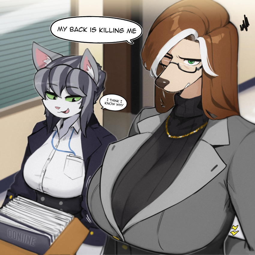 00niine anthro big_breasts black_clothing bottomwear box breasts brown_hair brown_nose canid canine canis clothed clothing container dialogue digital_media_(artwork) domestic_cat domestic_dog duo elysia_(00niine) english_text eyebrow_through_hair eyebrows eyewear felid feline felis female fully_clothed fur glasses green_eyes hair hi_res highlights_(coloring) holding_box holding_container holding_object jewelry long_hair looking_at_breasts mammal mature_female mica_(zyndet_fierfly) name_tag necklace one_eye_closed open_mouth pink_nose shirt smile text topwear translucent translucent_hair turtle_neck white_body