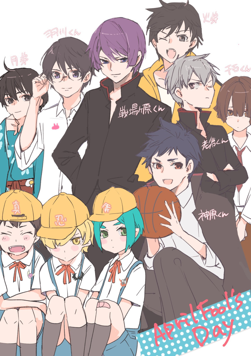 6+boys :d ^_^ adjusting_eyewear april_fools araragi_karen araragi_tsukihi bandage_on_knee baseball_cap black_jacket blonde_hair blush_stickers brown_hair closed_eyes commentary_request dot_mouth genderswap genderswap_(ftm) glasses green_hair green_kimono grey_hair hachikuji_mayoi hanekawa_tsubasa hat highres jacket japanese_clothes kanbaru_suruga kimono long_sleeves loose_necktie male_focus monogatari_(series) multiple_boys necktie oikura_sodachi one_eye_closed ononoki_yotsugi open_clothes open_jacket oshino_shinobu purple_hair red_necktie sengoku_nadeko senjougahara_hitagi shirt sitting smile standing track_jacket upper_body usa003uni white_shirt yellow_hat yellow_jacket