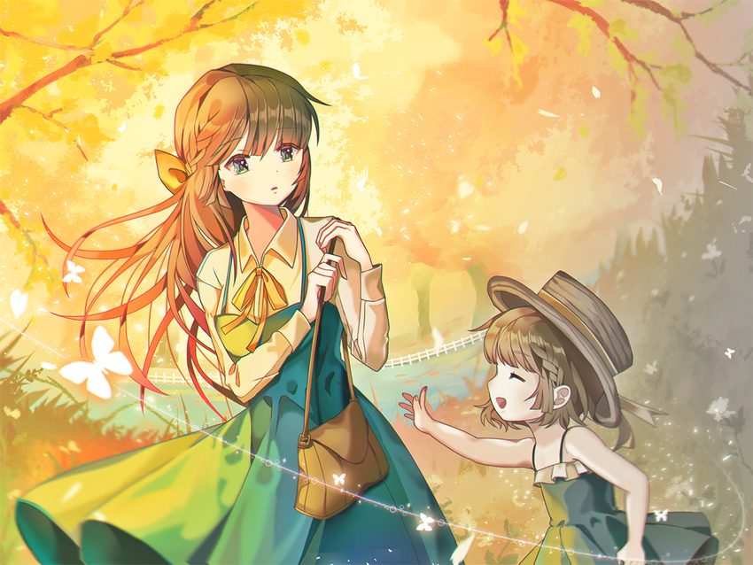 :d autumn autumn_leaves bag bow braid brown_hair brown_hat bug butterfly child closed_eyes dress fence ggomddak grass green_dress green_eyes hair_bow handbag hat insect long_hair multiple_girls open_mouth orange_bow original outdoors picket_fence short_hair smile twilight wooden_fence