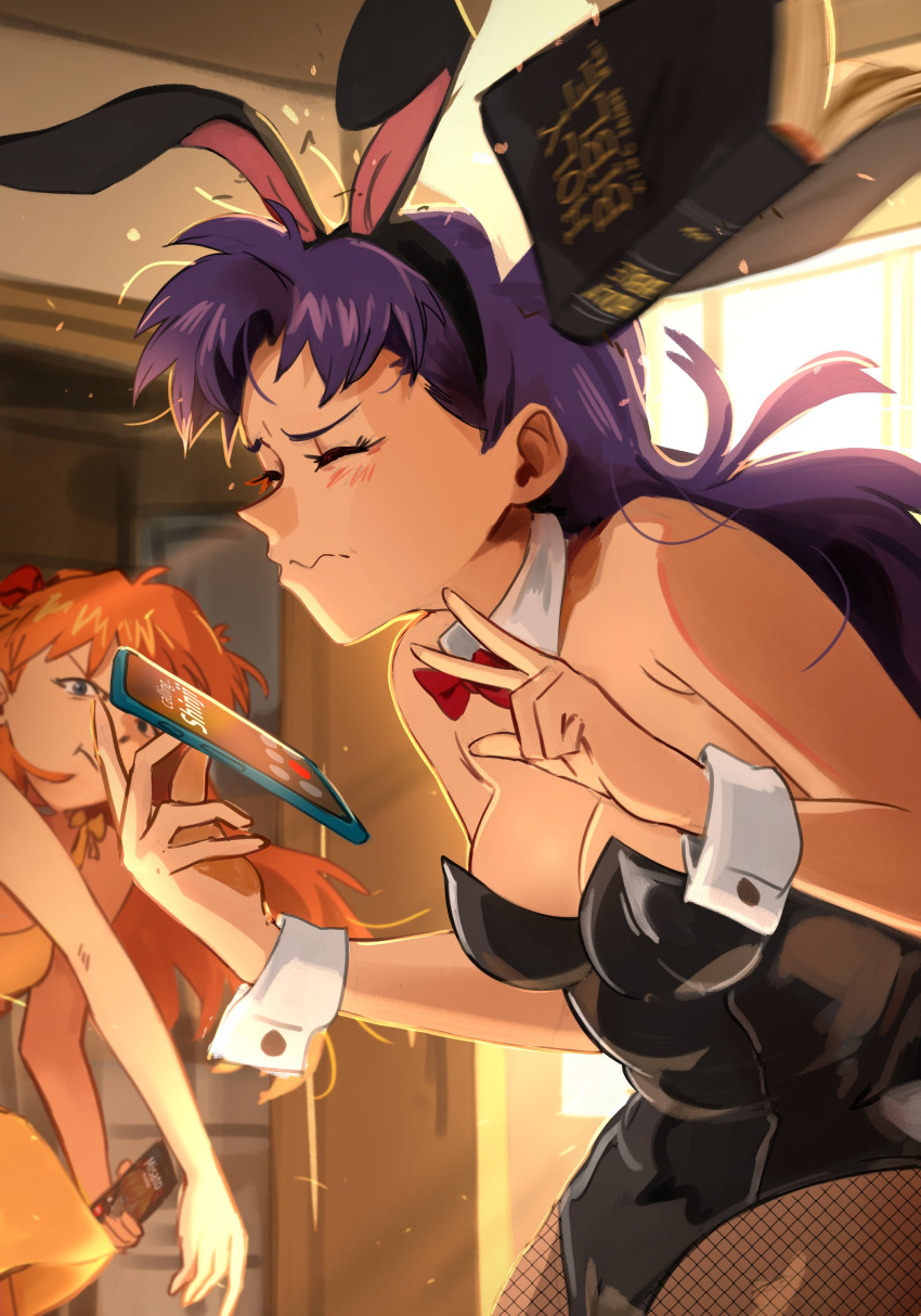 2girls absurdres animal_ears bare_shoulders bible_(object) black_leotard bow bowtie closed_eyes detached_collar dress fake_animal_ears highres holding holding_phone indoors katsuragi_misato khyle. leotard long_hair motion_blur multiple_girls neon_genesis_evangelion orange_hair pantyhose phone playboy_bunny purple_hair rabbit_ears red_bow red_bowtie souryuu_asuka_langley strapless strapless_leotard throwing wrist_cuffs yellow_dress