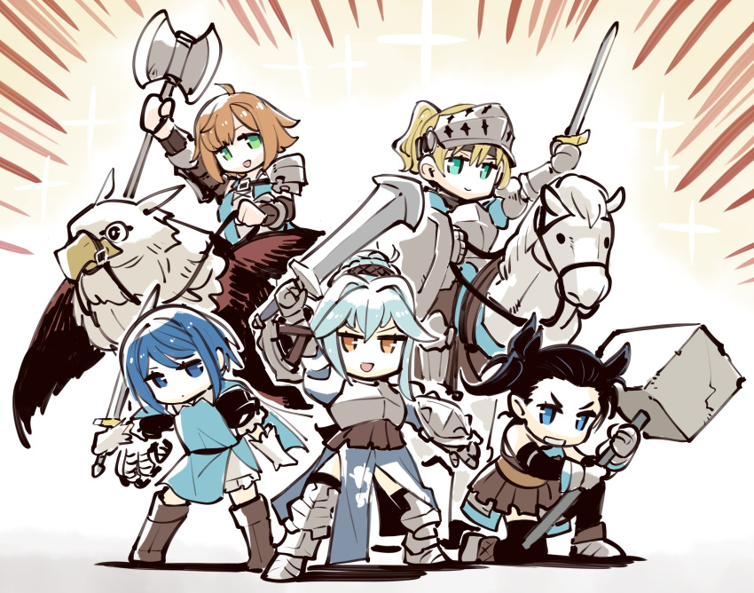 5girls arm_up armor axe black_hair black_thighhighs blonde_hair blue_cape blue_dress blue_eyes blue_hair blue_tabard boots breastplate brown_eyes brown_footwear brown_hair cape chibi detached_sleeves dress fran_(unicorn_overlord) full_body gauntlets gloves greaves green_eyes griffin hair_bun hammer helmet high_ponytail highres holding holding_axe holding_hammer holding_sword holding_weapon horseback_riding ishiyumi juliet_sleeves kitra_(unicorn_overlord) leah_(unicorn_overlord) long_sleeves miriam_(unicorn_overlord) multiple_girls on_one_knee pauldrons ponytail puffy_sleeves reverse_grip riding riding_animal shield short_hair short_twintails shoulder_armor smile standing sword tabard thighhighs twintails unicorn_overlord v-shaped_eyebrows virginia_(unicorn_overlord) weapon white_background white_gloves