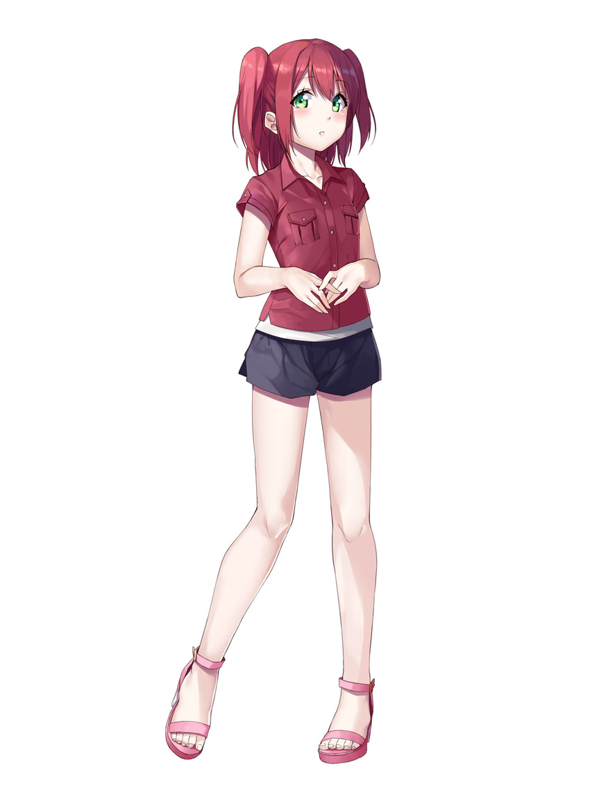 :o bangs bare_legs black_shorts blush breast_pocket buttons collared_shirt eyebrows_visible_through_hair full_body ginopi green_eyes highres kurosawa_ruby legs_apart looking_at_viewer love_live! love_live!_sunshine!! own_hands_together parted_lips pink_footwear pocket red_hair red_shirt sandals shirt short_shorts short_sleeves shorts simple_background solo standing toes two_side_up white_background wing_collar
