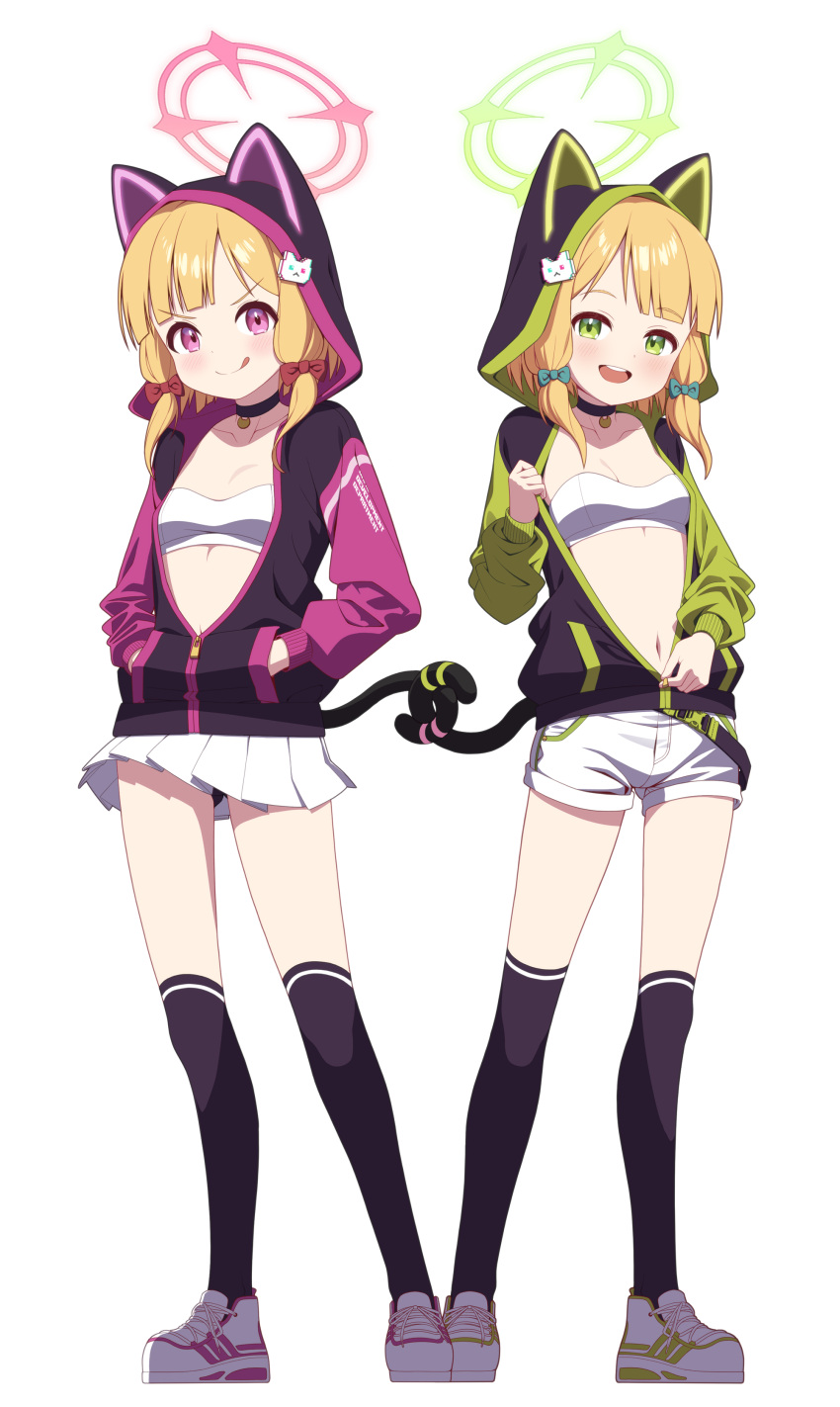 2girls :q absurdres animal_ears animal_hood black_choker black_jacket blonde_hair blue_archive blush bow breasts cat_hood cat_tail choker closed_mouth fake_animal_ears full_body green_eyes green_halo hair_bow halo hands_in_pockets highres hood hood_up hooded_jacket jacket long_sleeves looking_at_viewer medium_hair midori_(blue_archive) miniskirt momoi_(blue_archive) multicolored_clothes multicolored_jacket multiple_girls navel open_mouth over-kneehighs partially_unzipped pink_eyes pink_halo pleated_skirt revision shoes short_shorts shorts siblings simple_background sisters sizque skirt small_breasts smile standing tail thighhighs tongue tongue_out twins two-tone_jacket unzipping white_background white_footwear white_shorts white_skirt zipper_pull_tab