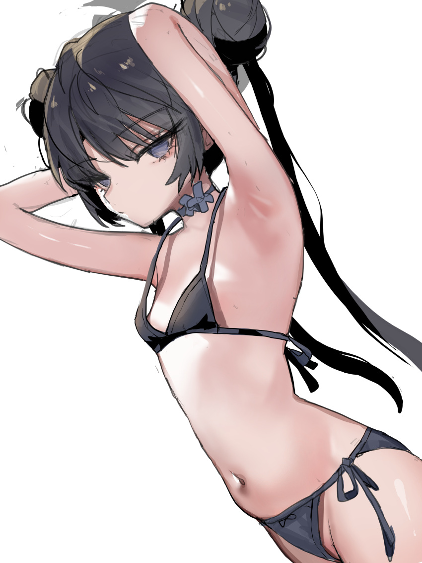 1girl absurdres armpits bare_arms bare_legs bare_shoulders bikini black_bikini black_hair blue_archive closed_mouth cowboy_shot double_bun flat_chest grey_eyes grey_halo groin hair_bun halo highres k8on kisaki_(blue_archive) long_hair looking_at_viewer navel simple_background solo swimsuit twintails white_background