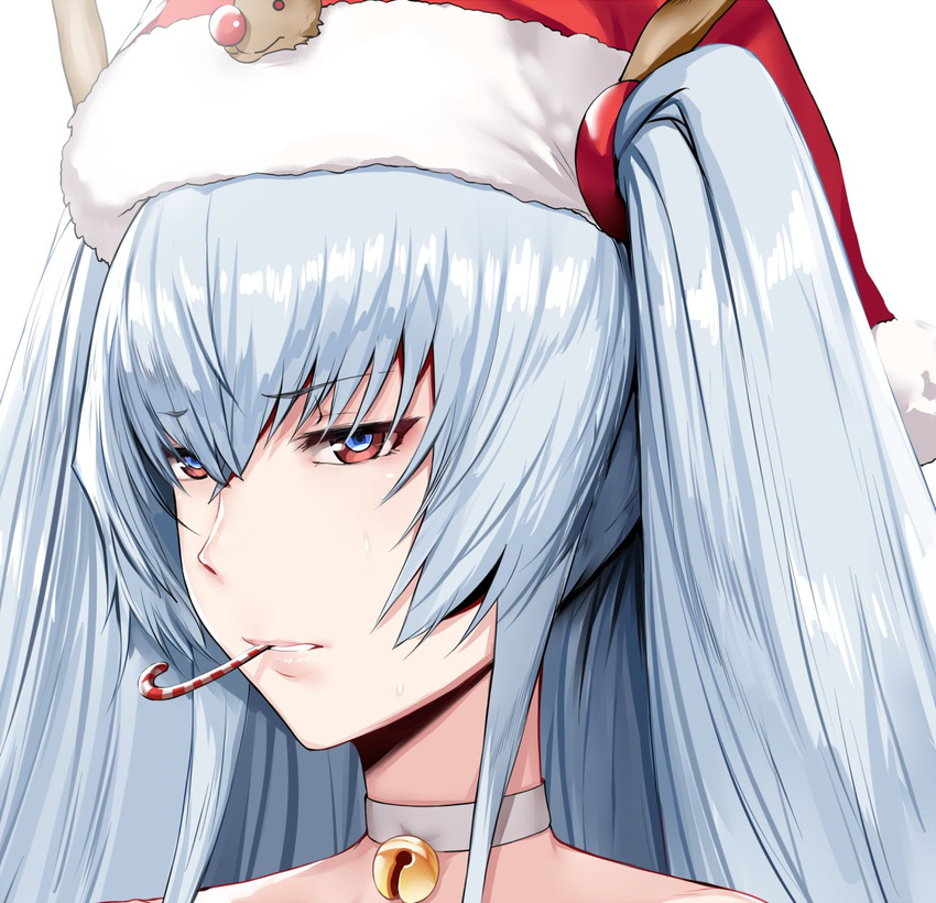 altair_(re:creators) antlers bell bell_choker blue_eyes blue_hair candy candy_cane choker christmas commentary eyebrows_visible_through_hair face food hair_between_eyes hat hews_hack highres jingle_bell lips long_hair looking_at_viewer multicolored multicolored_eyes parted_lips pink_lips re:creators red_eyes reindeer_antlers santa_hat solo two_side_up white_choker