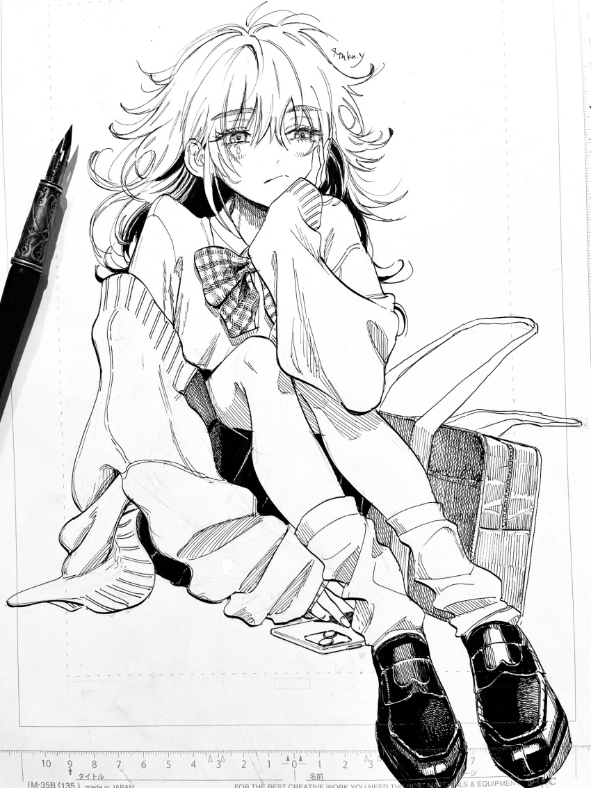 1girl :/ art_tools_in_frame bag bow bowtie cardigan full_body greyscale head_rest highres loafers long_hair looking_to_the_side loose_socks messy_hair monochrome nib_pen_(medium) nib_pen_(object) open_cardigan open_clothes original pen photo_(medium) school_bag school_uniform shirt shoes sitting skirt sleeves_past_wrists socks solo traditional_media yamagata_atsuka