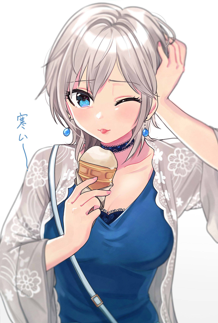 ;p anastasia_(idolmaster) blue_eyes blue_shirt brain_freeze breasts choker collarbone earrings eyebrows_visible_through_hair floral_print food grey_jacket hand_on_own_head highres holding holding_food ice_cream idolmaster idolmaster_cinderella_girls jacket jewelry long_sleeves looking_at_viewer medium_breasts nail_polish one_eye_closed open_clothes open_jacket pink_nails shiny shiny_hair shirt short_hair silver_hair simple_background solo tomato_omurice_melon tongue tongue_out translated upper_body white_background wide_sleeves wrapper