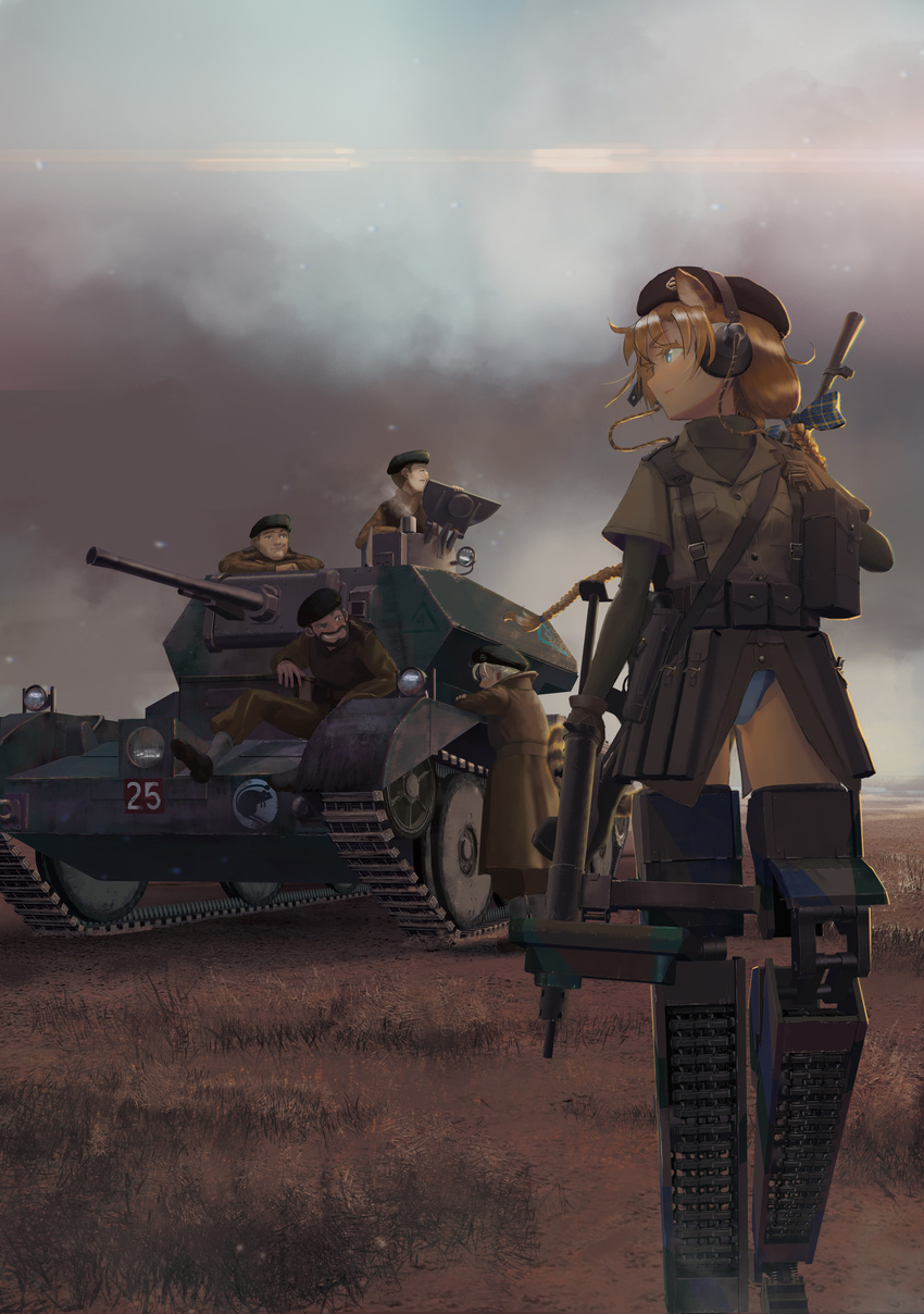 4boys absurdres beard blue_eyes braid bren_gun brown_hair caterpillar_tracks commentary_request cruiser_(tank) elbow_gloves facial_hair furukawa_herzer gloves ground_vehicle gun hat headphones highres long_hair long_sleeves mecha_musume military military_hat military_jacket military_uniform military_vehicle motor_vehicle multiple_boys no_pants original outdoors panties prosthesis smile strike_witches_(lionheart_witch) tank underwear uniform weapon white_panties world_witches_series