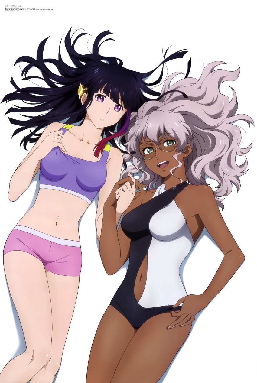 2girls absurdres bikini black_hair black_one-piece_swimsuit blunt_bangs breasts dark-skinned_female dark_skin glasses green_eyes grey_hair hair_between_eyes hair_ornament halterneck highres long_hair lying magazine_scan megami_magazine metallic_rouge mismatched_bikini multiple_girls navel official_art one-piece_swimsuit parted_lips pink_shorts purple_bikini purple_eyes rouge_redstar sakaguchi_mayu scan shorts simple_background small_breasts smile swimsuit tankini teeth two-tone_one-piece_swimsuit upper_teeth_only white_background white_one-piece_swimsuit