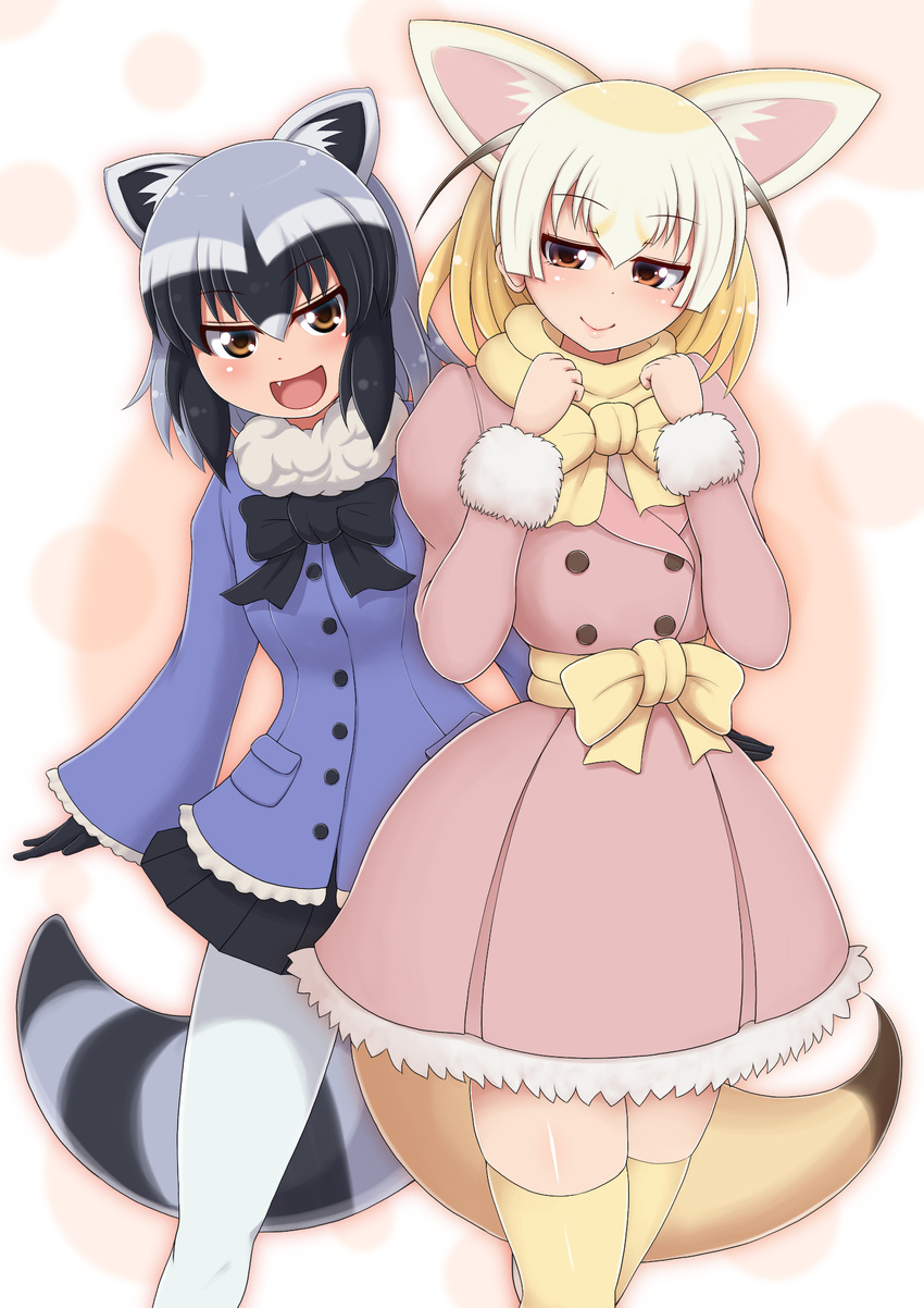 :d animal_ears bangs black_bow black_hair black_neckwear black_skirt blonde_hair bow bowtie brown_eyes clenched_hands closed_mouth coat common_raccoon_(kemono_friends) eyebrows_visible_through_hair fang fennec_(kemono_friends) fox_ears fox_tail fur_collar hair_between_eyes hands_up highres kemono_friends legs_apart lips long_sleeves looking_at_viewer miniskirt multicolored_hair multiple_girls open_mouth pantyhose pink_coat ponpo raccoon_ears raccoon_tail sash short_hair silver_hair skirt smile tail thighhighs white_hair white_legwear winter_clothes winter_coat yellow_bow yellow_legwear yellow_neckwear zettai_ryouiki