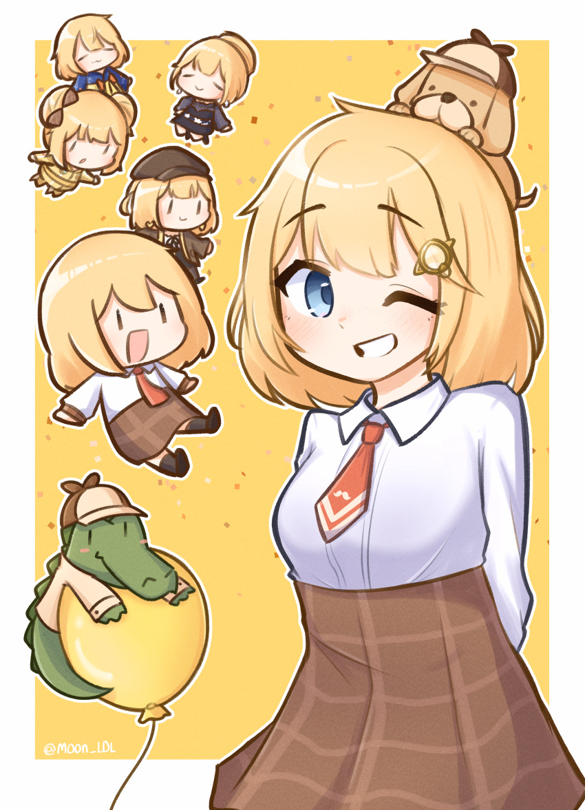 ;d absurdres animal_on_head arm_behind_back balloon blonde_hair blue_eyes bob_cut brown_skirt bubba_(watson_amelia) chibi chibi_inset collared_shirt commentary dog dog_on_head english_commentary grin hair_ornament high-waist_skirt highres hololive hololive_english investigator_(amelia_watson) long_sleeves moon_ldl multiple_persona necktie on_head one_eye_closed plaid plaid_skirt red_necktie shirt short_hair short_necktie skirt smile twitter_username virtual_youtuber watson_amelia watson_amelia_(1st_costume) watson_amelia_(3rd_costume) watson_amelia_(astronaut) watson_amelia_(new_year) watson_amelia_(street_casual) white_shirt yellow_background