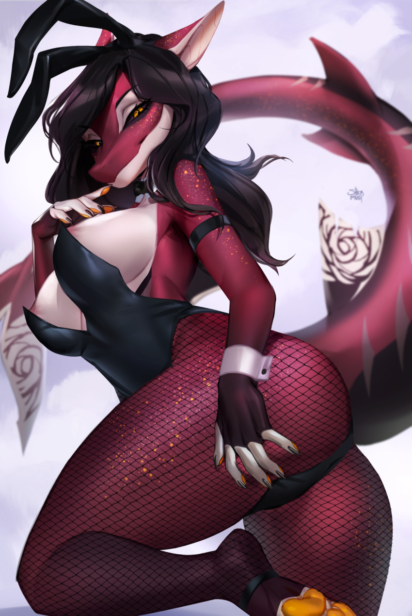 anthro areola bangle barely_visible_nipples big_breasts black_sclera bow_tie breasts butt clothed clothing fake_ears fake_rabbit_ears female fin fish fishnet_clothing fishnet_legwear hand_on_butt hand_to_face hi_res inviting jewelry legwear leotard looking_at_viewer marine midriff nipples no_bra non-mammal_breasts orange_eyes pink_areola raised_leg red_body rose_(kamikazekit) shark shermugi shirt_collar shirt_cuffs side_boob smile smiling_at_viewer smirk smirking_at_viewer solo under_boob