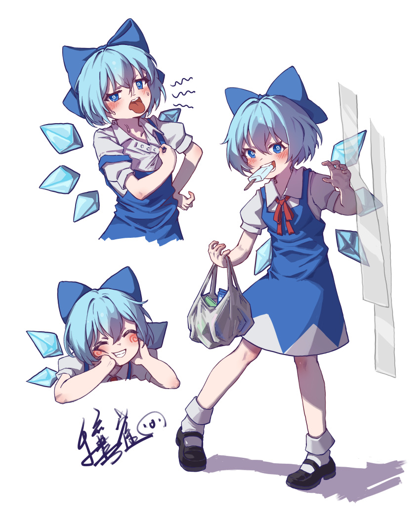 1girl absurdres black_footwear blue_bow blue_dress blue_eyes blue_hair blush bow cirno collared_shirt detached_wings dress fairy food hair_between_eyes hair_bow highres ice ice_wings mouth_hold multiple_views open_mouth pinafore_dress popsicle puffy_short_sleeves puffy_sleeves rangque_(user_vjjs4748) shirt shoes short_hair short_sleeves simple_background sleeveless sleeveless_dress smile socks touhou white_background white_shirt white_socks wings