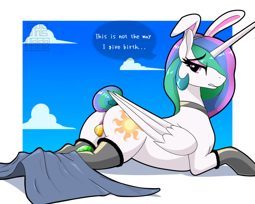 absurd_res clothing easter equid equine fake_ears fake_rabbit_ears female feral footwear friendship_is_magic hasbro hi_res holidays horn lying mammal my_little_pony mythological_creature mythological_equine mythology on_front princess_celestia_(mlp) socks solo speech_bubble user001 winged_unicorn wings