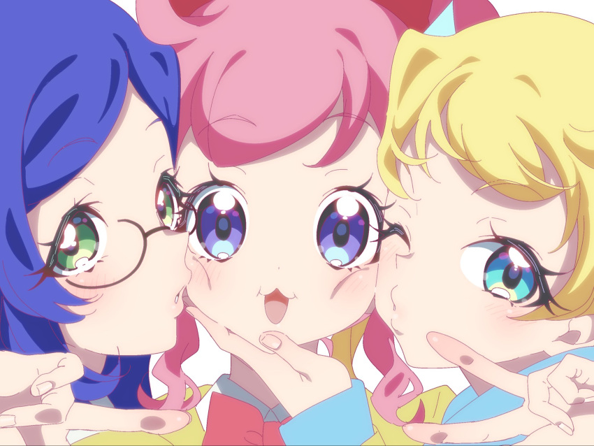 3girls :3 anchiki_shou aoba_rinka archived_source bad_id bad_twitter_id blonde_hair blue_eyes blue_hair blush glasses green_eyes hand_on_another's_chin highres kiratto_pri_chan long_hair looking_at_viewer moegi_emo momoyama_mirai multiple_girls o3o one_eye_closed open_mouth parted_lips pink_hair portrait pretty_series puffy_cheeks purple_eyes sidelocks smile v