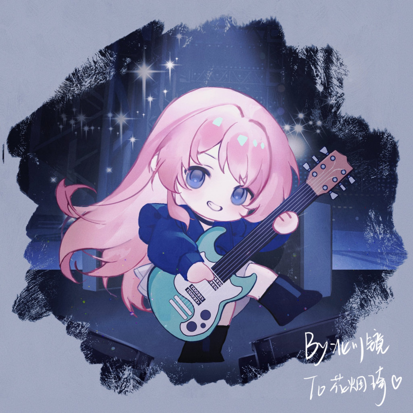 1girl artist_name bang_dream! bang_dream!_it's_mygo!!!!! beichuanjing blue_shirt chibi chihaya_anon clenched_teeth commentary gift_art grey_eyes guitar hashtag_only_commentary highres holding holding_guitar holding_instrument instrument long_hair pink_hair playing_guitar shirt smile solo stage_lights teeth