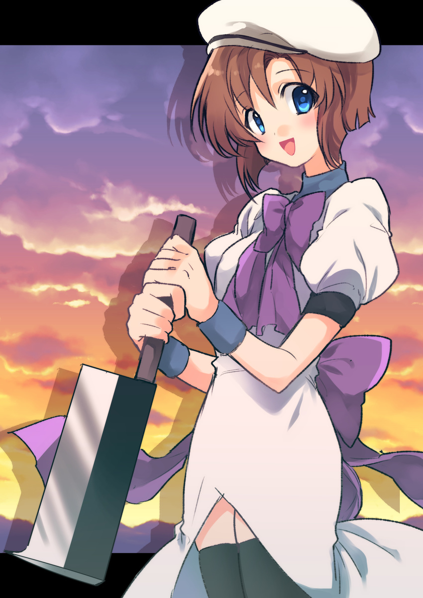 :d beret black_legwear blue_eyes bow brown_hair dress evening hat hatchet highres higurashi_no_naku_koro_ni holding holding_weapon multicolored multicolored_sky nose_hatchet open_mouth oriental_hatchet puffy_short_sleeves puffy_sleeves purple_bow ryuuguu_rena shinoko short_hair short_sleeves sky smile solo sunset thighhighs weapon white_beret white_dress wristband zettai_ryouiki