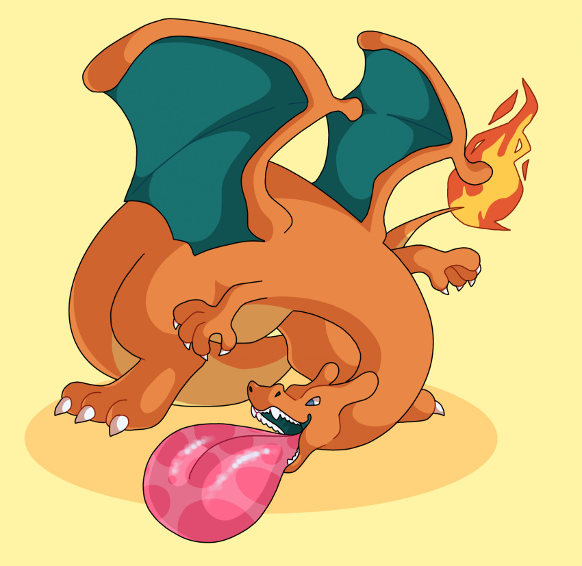 3_toes 4_fingers big_tongue bodily_fluids charizard claws feet fingers fire generation_1_pokemon hi_res hyper hyper_tongue long_neck long_tail long_tongue nintendo open_mouth orange_body pechaberry pokemon pokemon_(species) saliva sharp_teeth simple_background tail teeth toes tongue tongue_out wings yellow_background