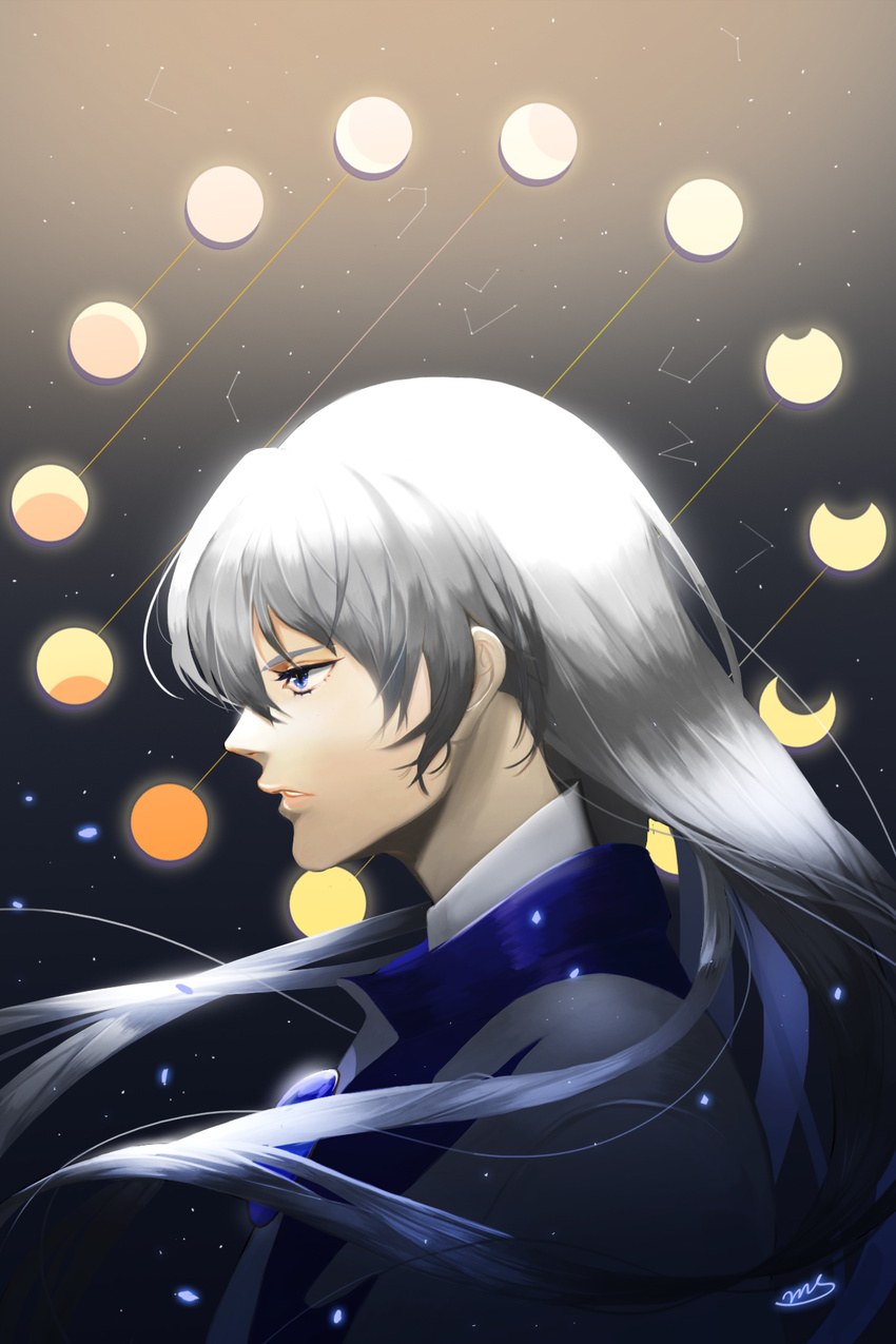 blue_eyes cardcaptor_sakura constellation face from_side hair_between_eyes haomiao_shiji highres long_hair male_focus moon moon_phases parted_lips profile serious signature silver_hair solo very_long_hair yue_(ccs)