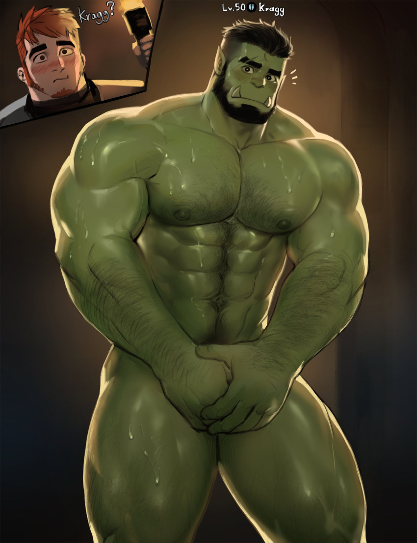 abs arm_hair beard blush body_hair chest_hair covering covering_crotch dopq duo facial_hair fangs female green_body green_skin group happy_trail hi_res human humanoid leg_hair male mammal muscular muscular_humanoid muscular_male nipples orc pecs teeth trio tusks vein veiny_muscles