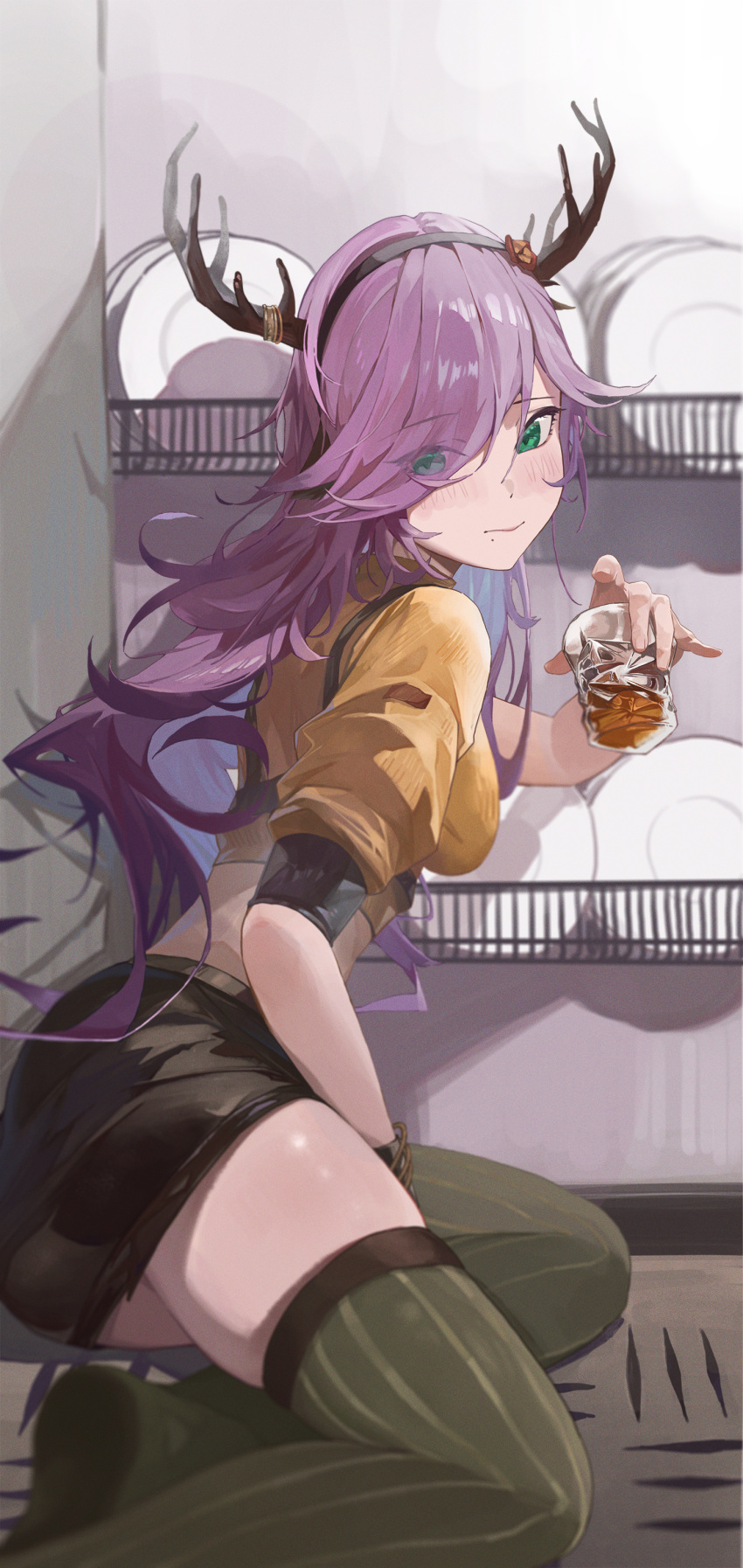 1girl absurdres antlers arknights ass black_skirt closed_mouth coldshot_(arknights) commentary_request cropped_shirt cup deer_antlers deer_girl drinking_glass feng_zhe_(user_jnxf3524) foot_out_of_frame green_eyes green_thighhighs hair_over_one_eye highres holding holding_cup horns long_hair looking_at_viewer miniskirt mole mole_under_mouth on_ground plate purple_hair shirt skirt solo thighhighs very_long_hair yellow_shirt