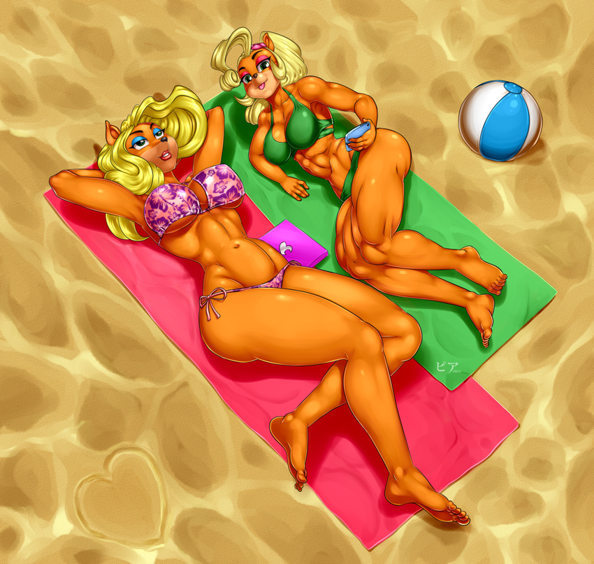 2017 abs anthro ball bandicoot barefoot beach beach_ball big_breasts bikini black_nose blonde_hair breasts cleavage clothed clothing coco_bandicoot crash_bandicoot_(series) duo feet female green_eyes hair hands_behind_head high-angle_view humanoid_feet looking_at_viewer lying mammal marsupial muscular muscular_female navel nude on_back on_side pia-sama sand seaside swimsuit tawna_bandicoot tongue tongue_out under_boob video_games