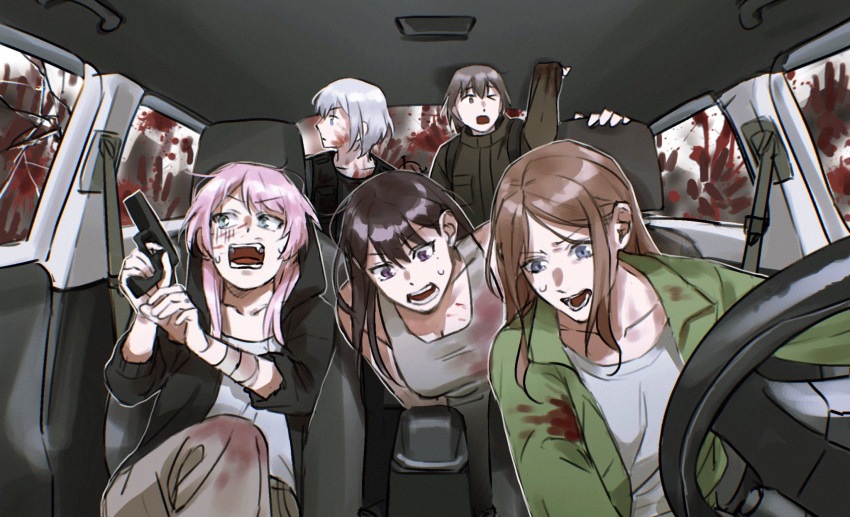 &gt;_o 5girls bandaged_arm bandages bang_dream! bang_dream!_it's_mygo!!!!! black_hoodie black_shirt black_vest blood blood_on_clothes blood_on_face blood_on_glass blue_eyes blush broken_glass brown_hair brown_jacket car_interior chihaya_anon closed_mouth commentary_request glass green_shirt grey_tank_top gun handgun highres holding holding_gun holding_weapon hood hoodie jacket kaname_raana korean_commentary long_sleeves mole mole_under_eye multiple_girls mygo!!!!!_(bang_dream!) nagasaki_soyo nohee07 one_eye_closed open_clothes open_mouth open_shirt pink_hair purple_eyes shiina_taki shirt shouting sitting steering_wheel sweat tactical_clothes takamatsu_tomori tank_top vest weapon white_hair white_shirt zombie