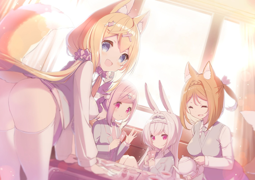 4girls amamiya_aki amamiya_mei animal_ear_fluff animal_ears ass bent_over blazer blonde_hair braid breasts card collared_shirt commentary_request cup curtains cynthia_riddle day grey_hair grey_jacket grey_necktie hair_ornament hair_over_shoulder hair_scrunchie hairclip highres holding holding_card holding_teapot indoors jacket long_hair low_twintails medium_breasts milia_leclerc mofu-mofu_after_school mofumofu_channel multiple_girls necktie p19 pink_hair pink_scrunchie polka_dot polka_dot_scrunchie rabbit_ears red_eyes red_necktie scrunchie shirt sunlight sweater_vest swept_bangs teacup teapot thighhighs twintails very_long_hair white_shirt white_thighhighs window x_hair_ornament