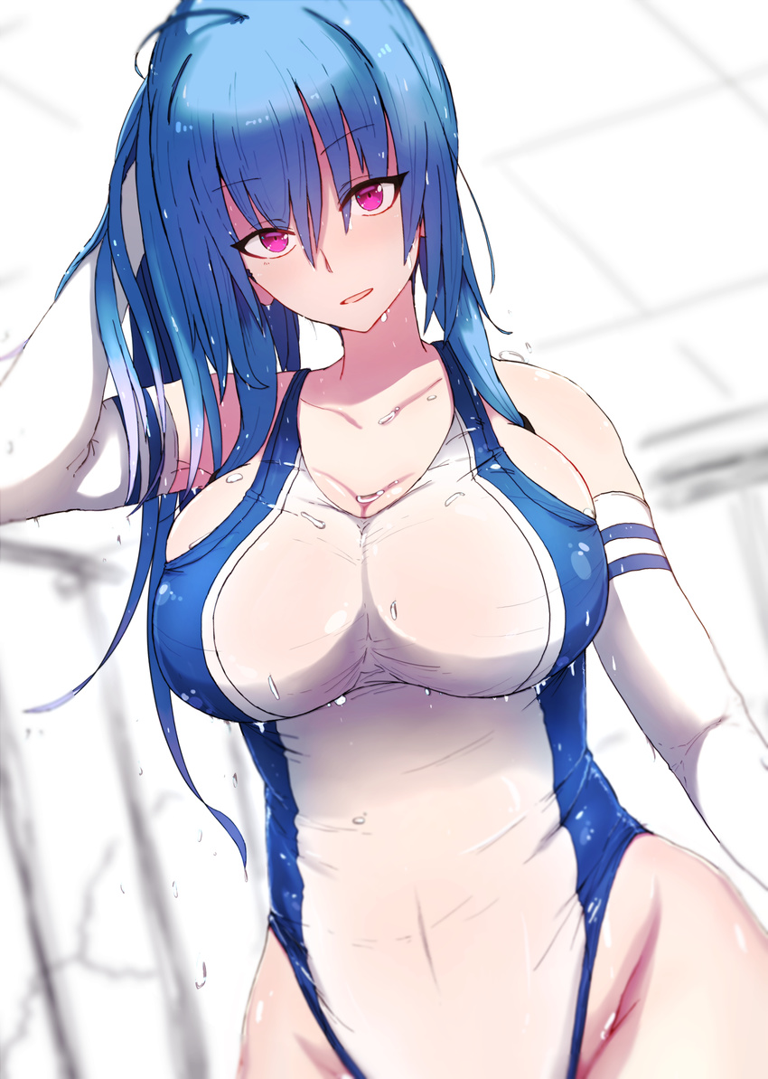 adjusting_hair ahoge arm_at_side arm_up azur_lane bakuretsu_tenshi bangs bare_shoulders blue_hair blurry blurry_background blush breasts cleavage collarbone competition_swimsuit covered_navel dripping elbow_gloves eyebrows_visible_through_hair gloves groin hand_in_hair highres indoors large_breasts long_hair looking_at_viewer one-piece_swimsuit pink_eyes ponytail shiworiita skin_tight solo st._louis_(azur_lane) standing swimsuit tsurime upper_body water wet wet_clothes wet_swimsuit white_gloves white_swimsuit