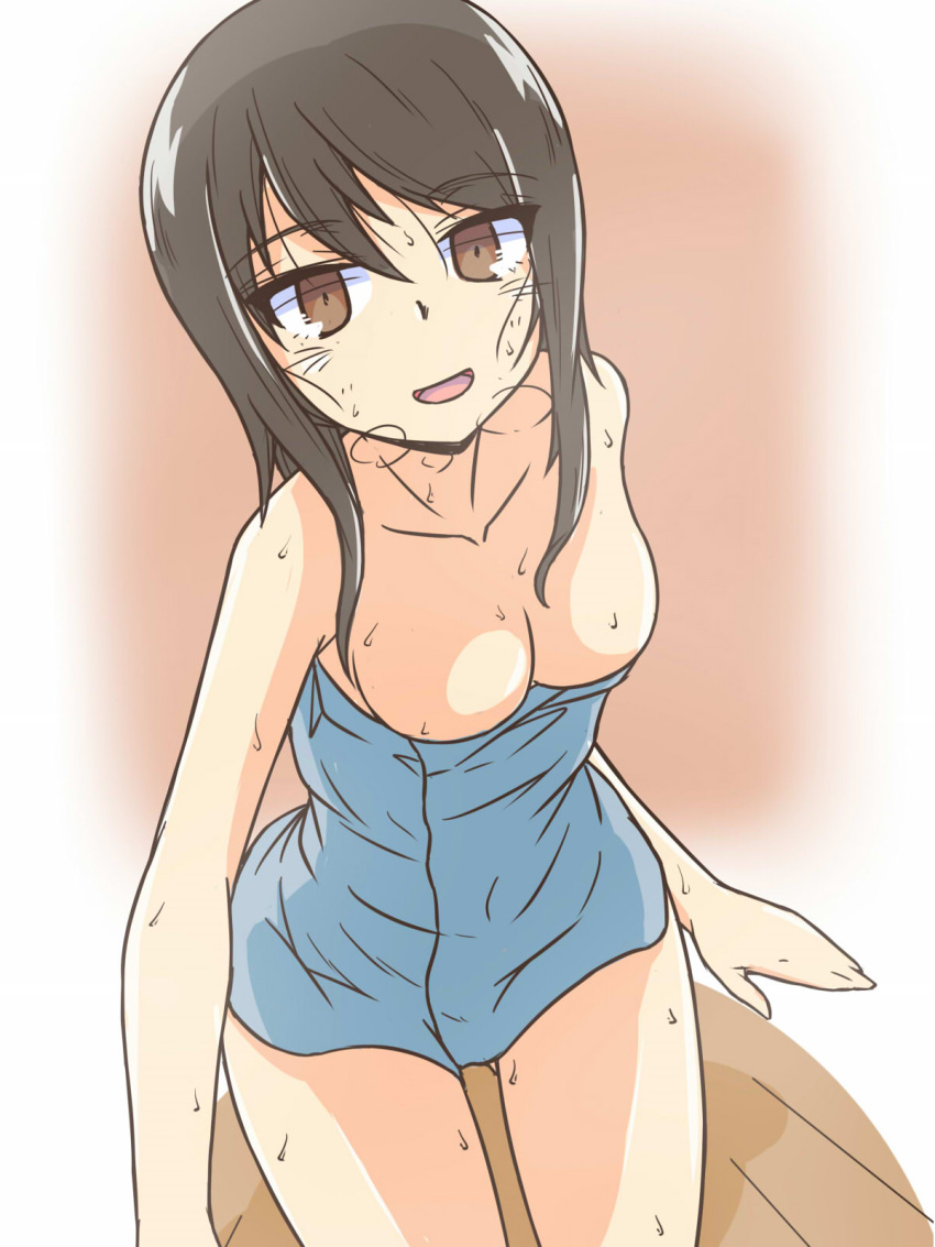 1girl bare_shoulders blue_towel breasts breath brown_eyes brown_hair girls_und_panzer highres kneeling leaning_forward long_hair looking_at_viewer medium_breasts mika_(girls_und_panzer) naked_towel no_headwear on_floor open_mouth renshiu smile solo towel wet wooden_floor