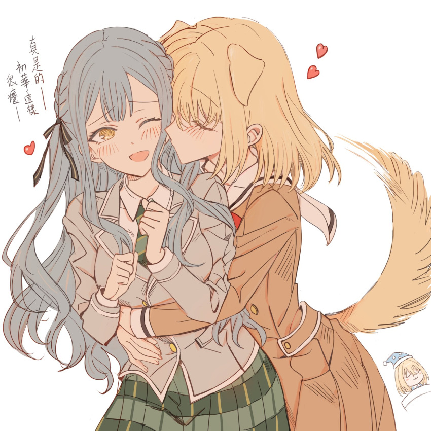 2girls animal_ears bang_dream! bang_dream!_it's_mygo!!!!! blonde_hair blush brown_dress chinese_commentary closed_eyes collared_shirt commentary_request dog_ears dog_girl dog_tail dress green_necktie green_skirt grey_jacket haneoka_school_uniform heart highres hug hug_from_behind imminent_kiss jacket junjun_(kimi-la) kemonomimi_mode kiss kissing_cheek long_sleeves misumi_uika multiple_girls necktie one_eye_closed open_mouth plaid plaid_skirt pleated_skirt school_uniform shirt simple_background skirt smile tail tail_wagging togawa_sakiko translation_request tsukinomori_school_uniform white_background white_shirt yellow_eyes yuri