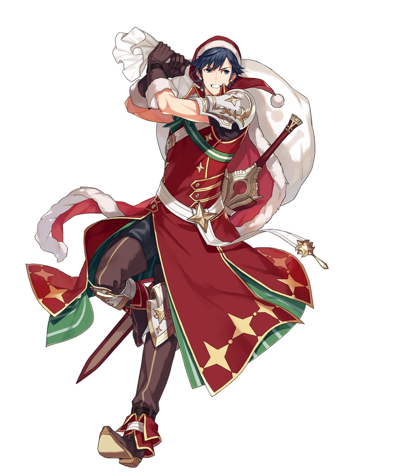 armor bangs blue_eyes blue_hair boots brown_gloves cape ebira elbow_gloves falchion_(fire_emblem) fire_emblem fire_emblem:_kakusei fire_emblem_heroes full_body fur_trim gloves hat highres holding krom leg_up male_focus official_art sack santa_costume santa_hat sheath sheathed shoulder_armor sleeveless smile solo sword thigh_boots thighhighs transparent_background weapon