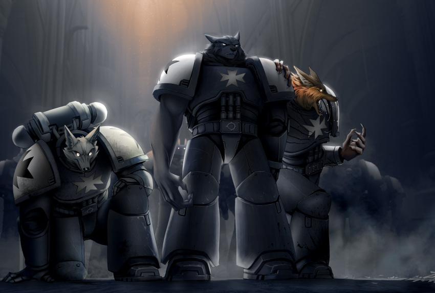 2023 absurd_res adeptus_astartes angry anthro armor black_armor black_body black_fur black_templar canid canine fog fox fur grey_body grey_fur group hi_res kneeling kneeling_on_one_leg machine male mammal maned_wolf open_mouth orange_body orange_fur power_armor space_marine space_marine_armor standing thewyvernsweaver trio warhammer_(franchise) warhammer_40000